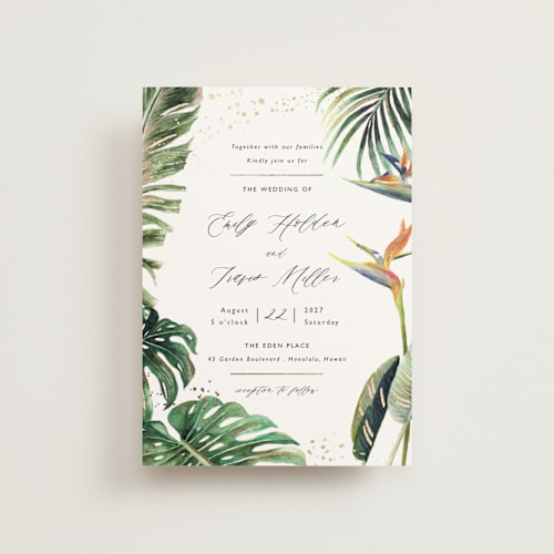 This is a tropical petite wedding invitations with foil pressed by Elly called our paradise printing on signature in petite