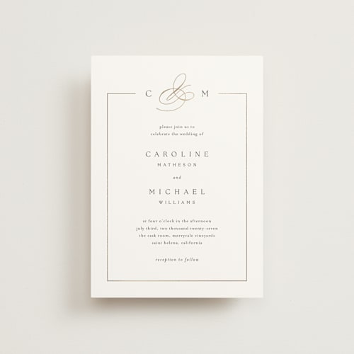 This is a silk petite wedding invitations with foil pressed by Kelly Schmidt called framed monogram printing on signature in petite