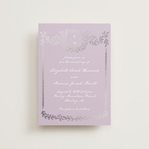 This is a lilac petite wedding invitations with foil pressed by Petra Kern called manuet printing on signature in petite