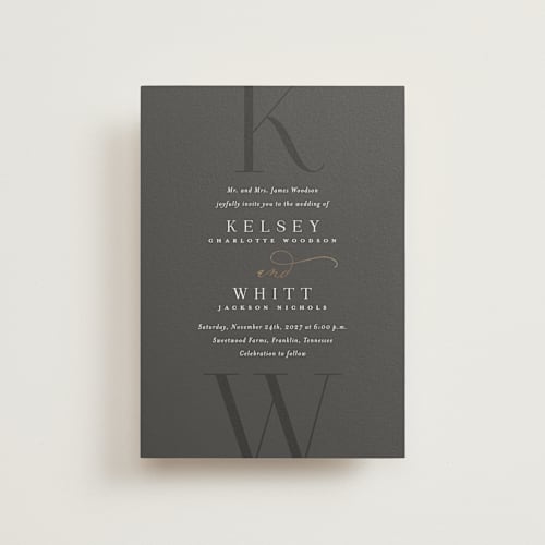 This is a stormy petite wedding invitations with foil pressed by Jessica Williams called over monogram printing on signature in petite
