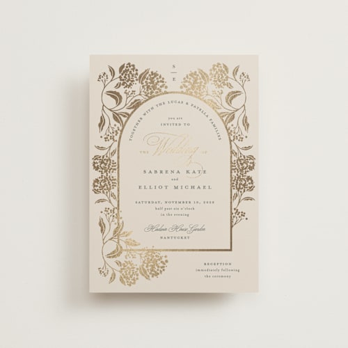This is a tea time petite wedding invitations with foil pressed by Susan Zinader called shimmering hydrangeas printing on signature in petite