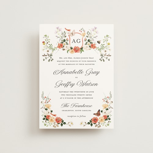 This is a verona sunset petite wedding invitations with foil pressed by Sarah Knight called fleur printing on signature in petite