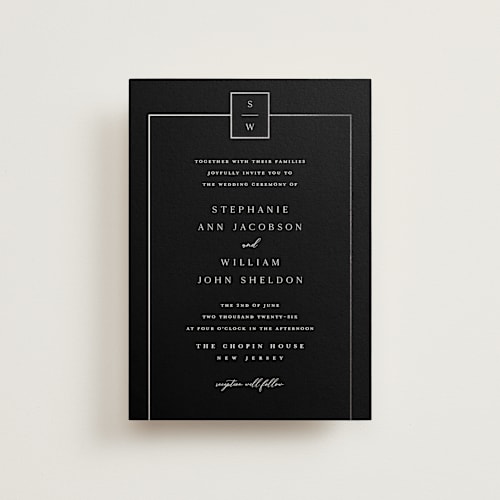 This is a noir petite wedding invitations with foil pressed by Stacey Meacham called elegant station printing on signature in petite