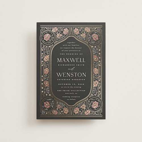 This is a ebony petite wedding invitations with foil pressed by Ana de Sousa called timeless nature printing on signature in petite