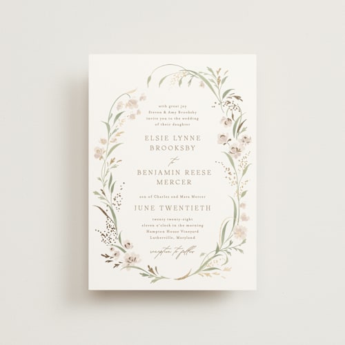This is a spring mist petite wedding invitations with foil pressed by Erin L. Wilson called meadow printing on signature in petite