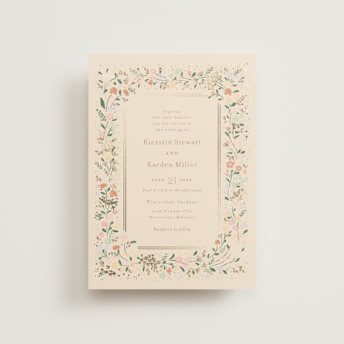 This is a ivory petite wedding invitations with foil pressed by Jennifer Wick called esther's garden printing on signature in petite
