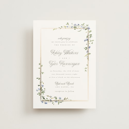This is a bluebell petite wedding invitations with foil pressed by Everett Paper Goods called flowering vine printing on signature in petite