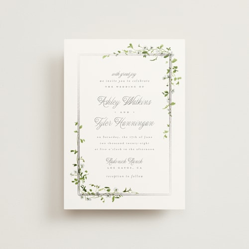This is a dew petite wedding invitations with foil pressed by Everett Paper Goods called flowering vine printing on signature in petite