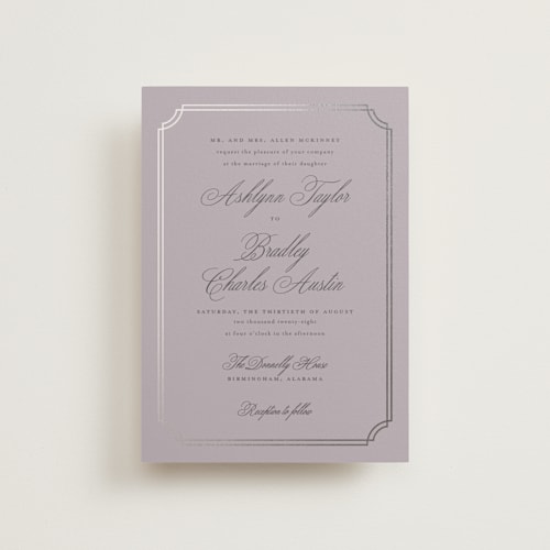 This is a dusty lilac petite wedding invitations with foil pressed by Sarah Brown called formally printing on signature in petite