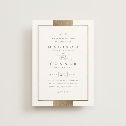 This is a slate petite wedding invitations with foil pressed by Stacey Meacham called refined style printing on signature in petite