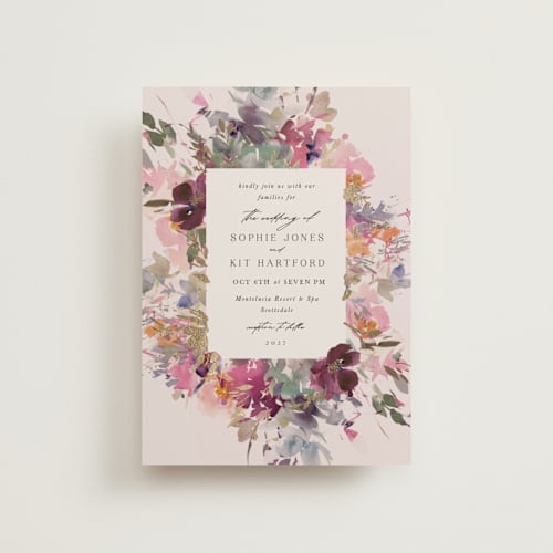 This is a blush petite wedding invitations with foil pressed by Lori Wemple called fleur printing on signature in petite