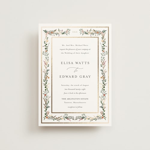 This is a blush petite wedding invitations with foil pressed by Susan Moyal called blooming vine printing on signature in petite