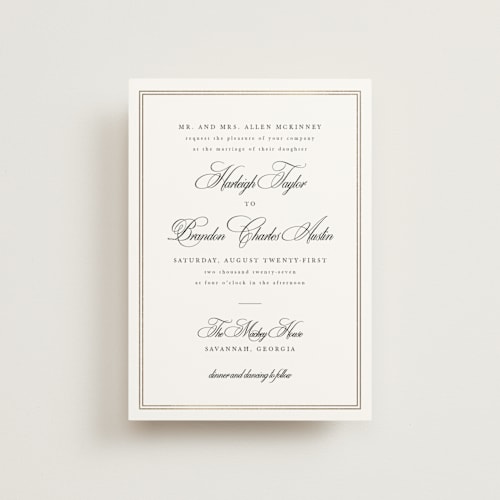 This is a snow petite wedding invitations with foil pressed by Sarah Brown called traditionalist printing on signature in petite
