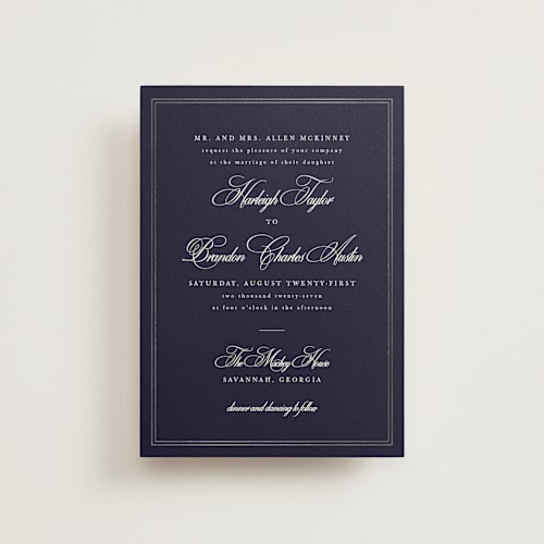This is a navy petite wedding invitations with foil pressed by Sarah Brown called traditionalist printing on signature in petite