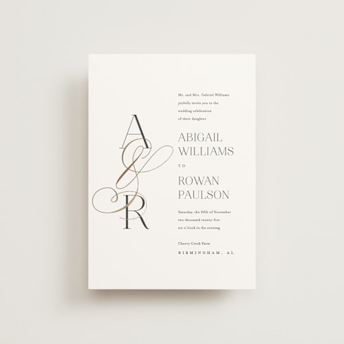 This is a chantilly petite wedding invitations with foil pressed by Jessica Williams called initialed printing on signature in petite