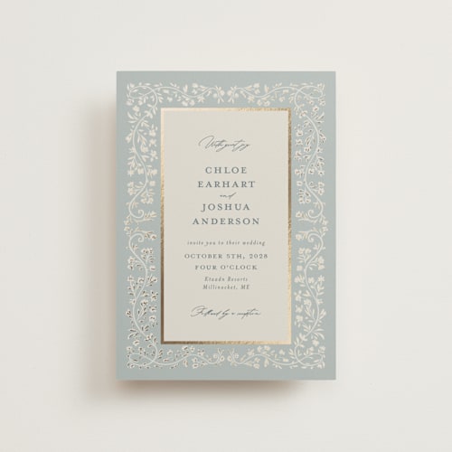 This is a something blue petite wedding invitations with foil pressed by Gwen Bedat called floral romance printing on signature in petite