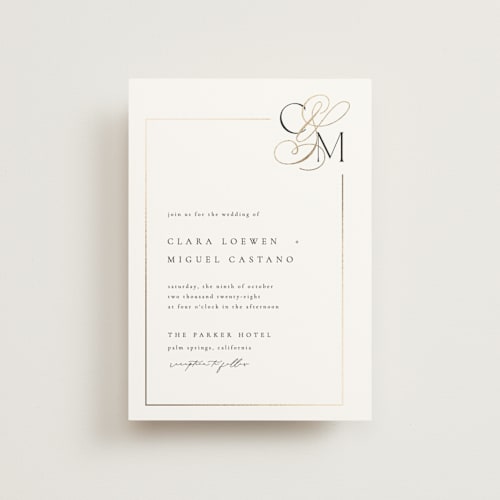 This is a silk petite wedding invitations with foil pressed by Kelly Schmidt called golden ampersand printing on signature in petite