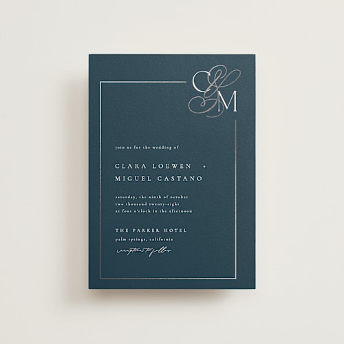 This is a navy petite wedding invitations with foil pressed by Kelly Schmidt called golden ampersand printing on signature in petite