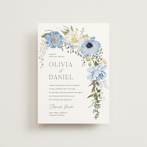 This is a azure petite wedding invitations with foil pressed by Susan Moyal called timeless blooms printing on signature in petite