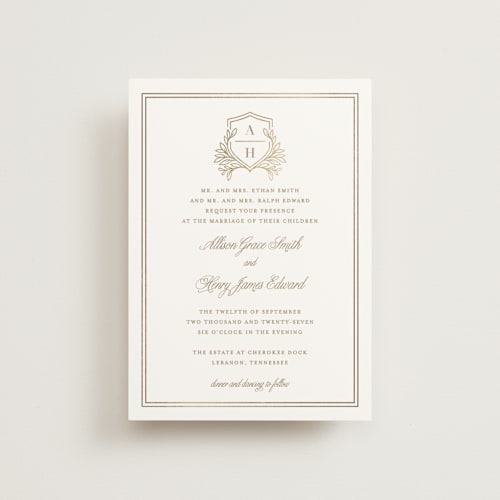 This is a porcelain petite wedding invitations with foil pressed by Mansi Verma called chic monogram printing on signature in petite