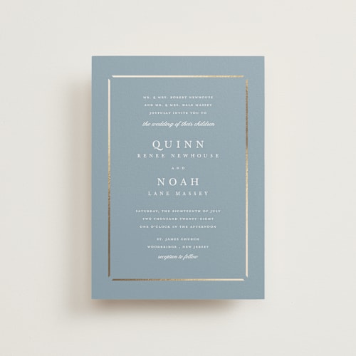 This is a dusty blue petite wedding invitations with foil pressed by Stacey Meacham called elegant bevel printing on signature in petite