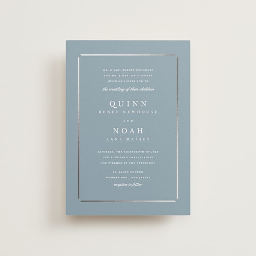 This is a dusty blue petite wedding invitations with foil pressed by Stacey Meacham called elegant bevel printing on signature in petite