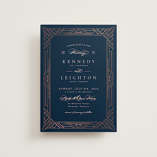 This is a dark navy petite wedding invitations with foil pressed by Hooray Creative called opulent border printing on signature in petite