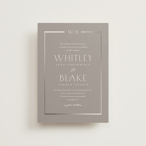 This is a cobble petite wedding invitations with foil pressed by Stacey Meacham called luster printing on signature in petite