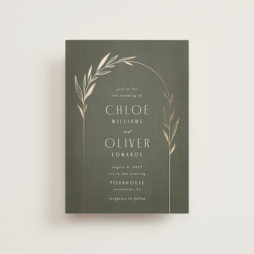 This is a moss petite wedding invitations with foil pressed by Kelly Schmidt called botanical arches printing on signature in petite