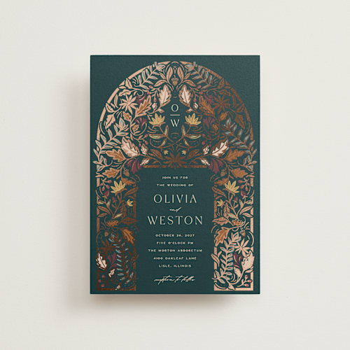 This is a deep sea petite wedding invitations with foil pressed by Erin German called autumnal arch printing on signature in petite