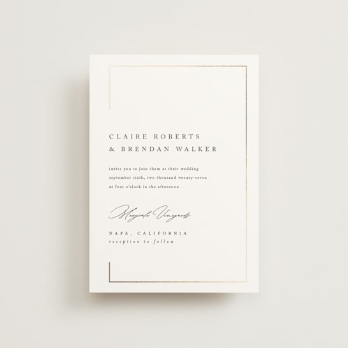 This is a silk petite wedding invitations with foil pressed by Kelly Schmidt called gilded border printing on signature in petite