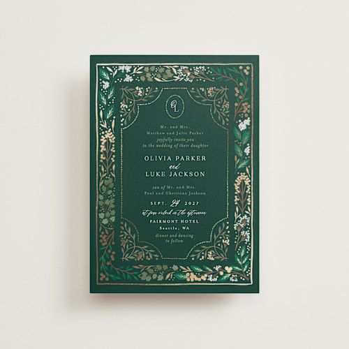 This is a evergreen petite wedding invitations with foil pressed by Alethea and Ruth called illuminated storybook printing on signature in petite