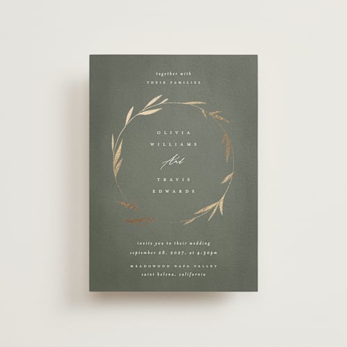 This is a moss petite wedding invitations with foil pressed by Kelly Schmidt called minimal circle printing on signature in petite