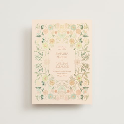 This is a spring garden petite wedding invitations with foil pressed by Simona Camp called gilded tapestry printing on signature in petite