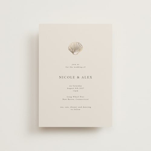 This is a sand petite wedding invitations with foil pressed by Hannah Bowman called simple seashell printing on signature in petite