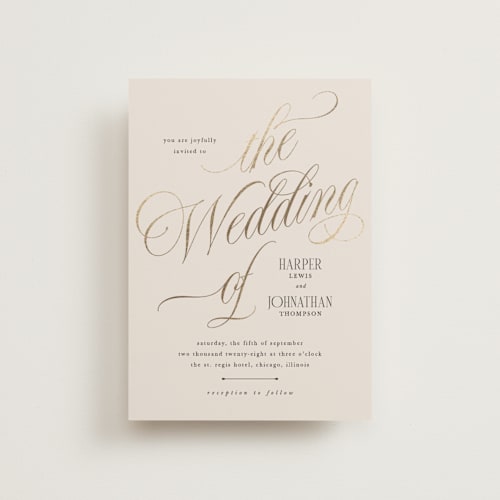 This is a linen petite wedding invitations with foil pressed by Kate Ahn called mirin printing on signature in petite