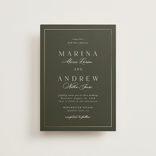 This is a deep olive petite wedding invitations with foil pressed by Nicole Walsh called refined printing on signature in petite