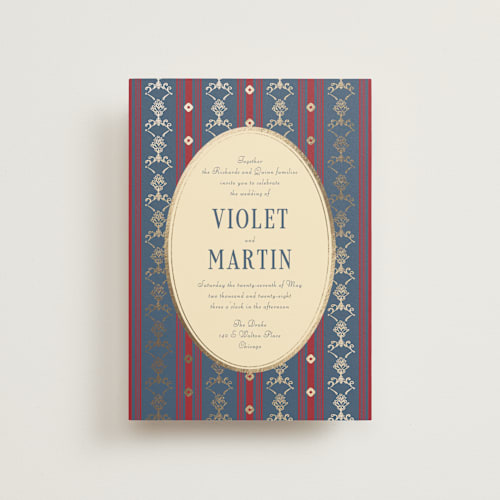 This is a navy petite wedding invitations with foil pressed by Baumbirdy called woven printing on signature in petite