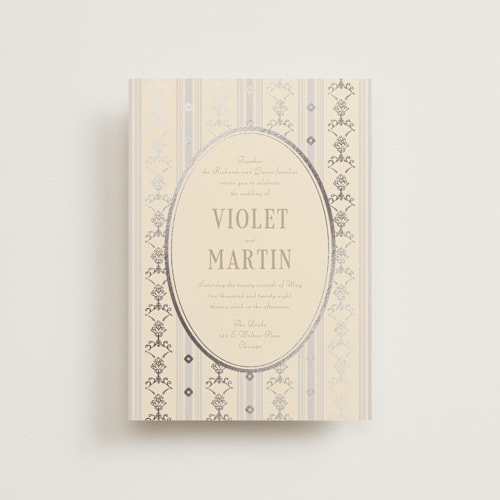 This is a champagne petite wedding invitations with foil pressed by Baumbirdy called woven printing on signature in petite