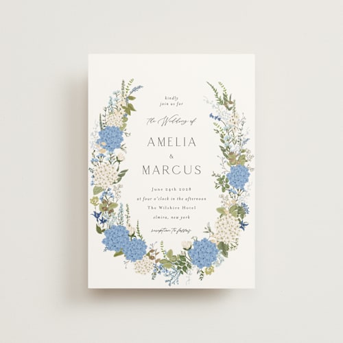 This is a coastal petite wedding invitations with foil pressed by Susan Moyal called garden whisper printing on signature in petite