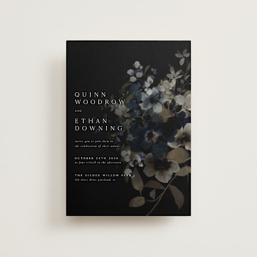 This is a midnight petite wedding invitations with standard by Grace Kreinbrink called vintage botanical printing on signature in petite