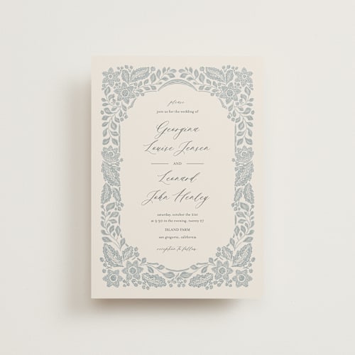 This is a dusty blue petite wedding invitations with standard by Jen Owens called embroidered printing on signature in petite