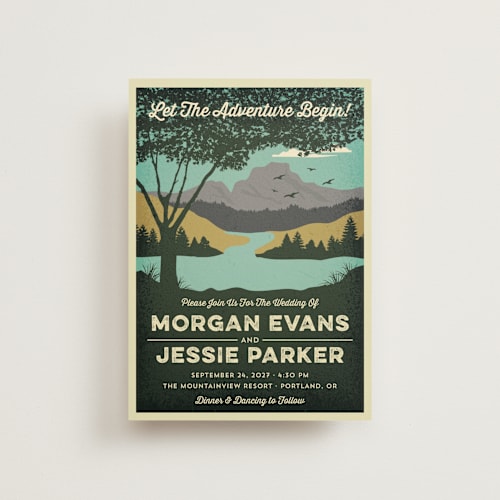 This is a forest petite wedding invitations with standard by Nam Bourassa called mountain view printing on signature in petite