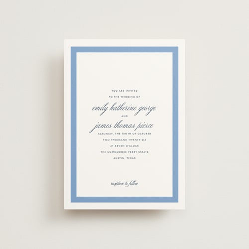 This is a blue bell petite wedding invitations with standard by Megan Davis called montauk printing on signature in petite