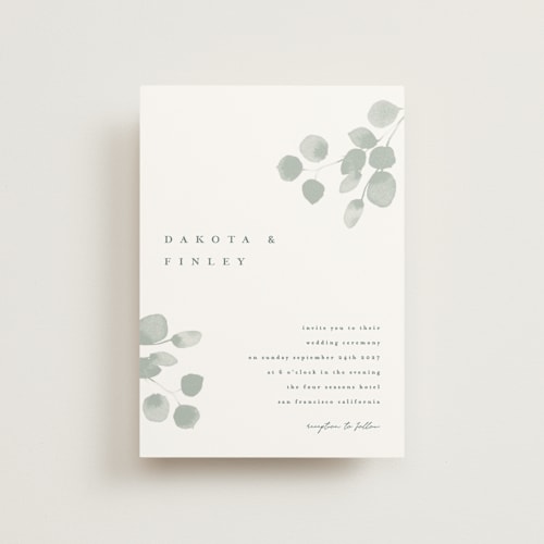 This is a silver dollar petite wedding invitations with standard by Shannon Chen of Four Wet Feet Studio called silver dollar eucalyptus printing on signature in petite