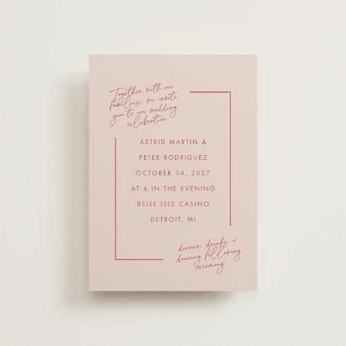 This is a peach cream petite wedding invitations with standard by Snow and Ivy called jot printing on signature in petite