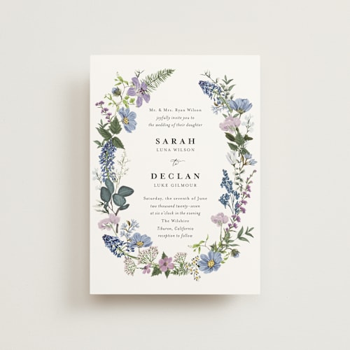 This is a lavender petite wedding invitations with standard by Susan Moyal called lilac bloom printing on signature in petite