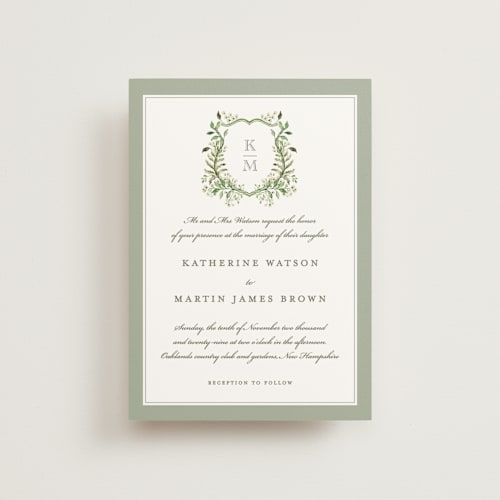 This is a sage petite wedding invitations with standard by Sarah Knight called greenery crest printing on signature in petite