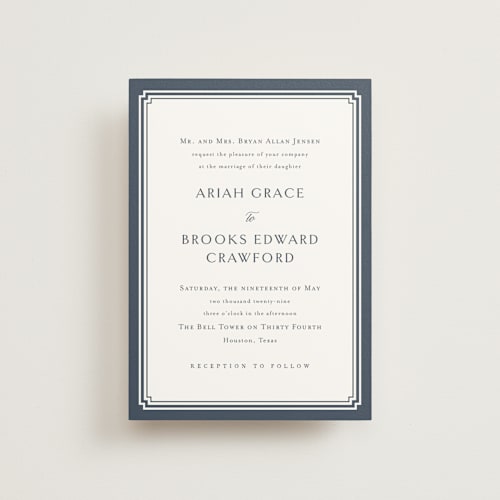 This is a french blue petite wedding invitations with standard by Jennifer Postorino called ariah printing on signature in petite