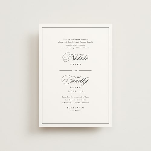 This is a noir petite wedding invitations with standard by Kimberly FitzSimons called sincerity printing on signature in petite